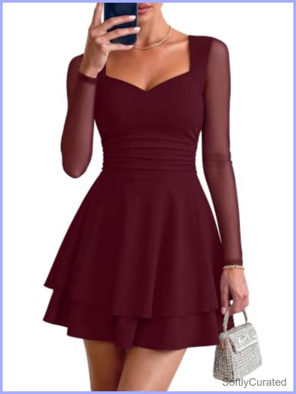 Women's Mesh Long Sleeve Square Neck Bodycon Party Mini Dress